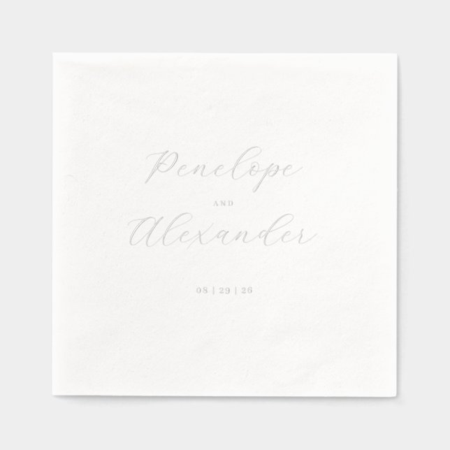Elegant Grey Cursive Names Foil Napkins (Front)