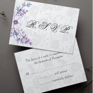 Elegant Grey Damask and Purple Floral Wedding RSVP Card