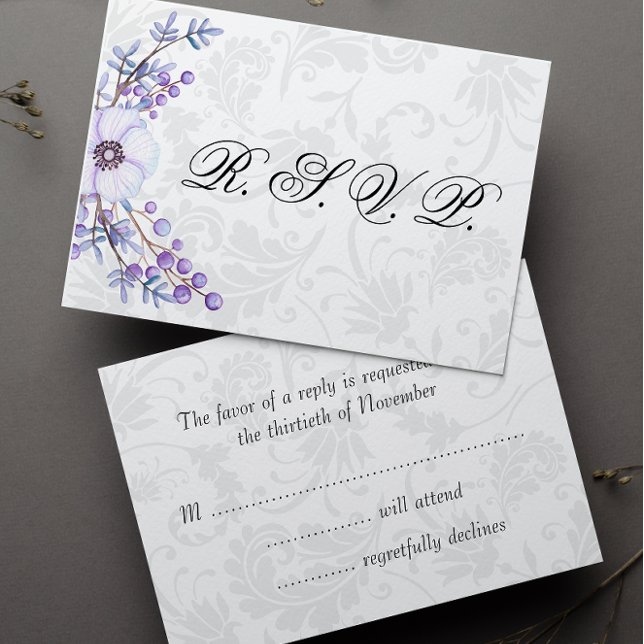 Elegant Grey Damask and Purple Floral Wedding RSVP Card (Creator Uploaded)