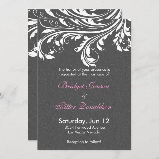 Elegant Grey Damask And White Swirls Wedding Invitation (Front/Back)