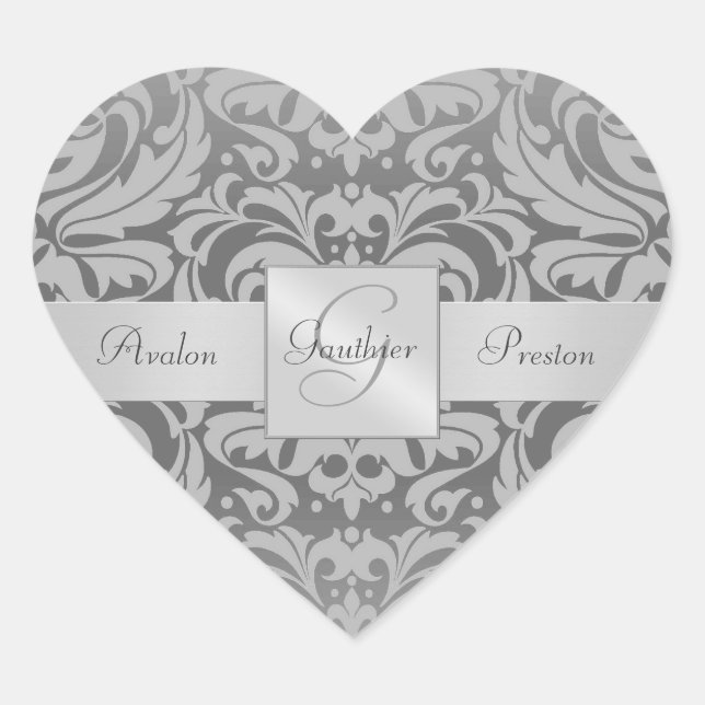 Elegant Grey Damask Heart  Wedding Sticker (Front)