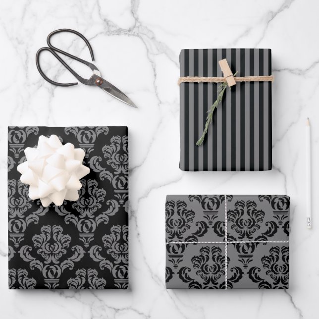 Elegant Grey Damask Wrapping Paper Sheet (Front)