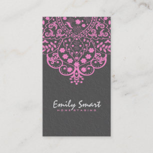 Elegant Grey Damasks Pink Vintage Lace Business Card