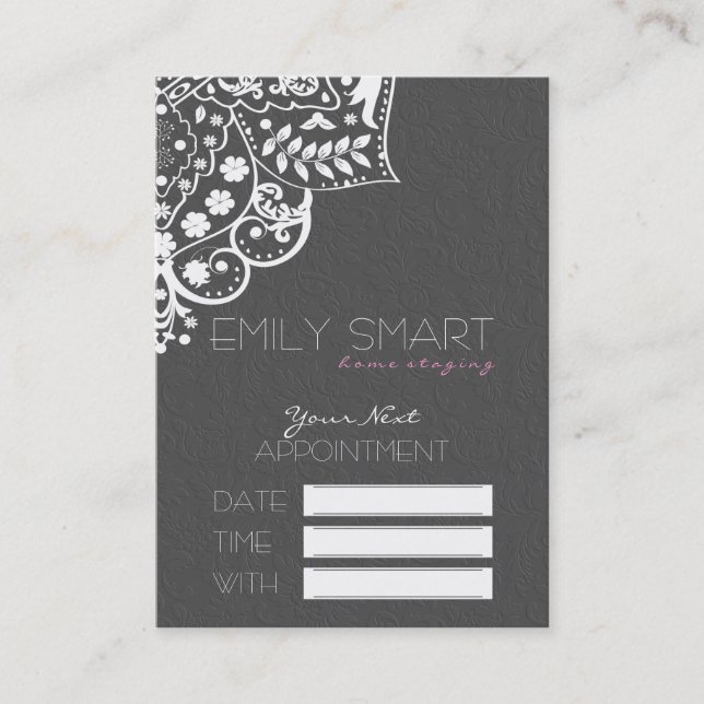 Elegant Grey Damasks White Lace Appointment Card (Front)