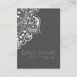 Elegant Grey Damasks White Lace Reversible Business Card