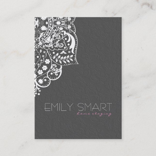 Elegant Grey Damasks White Vintage Lace Business Card (Front)