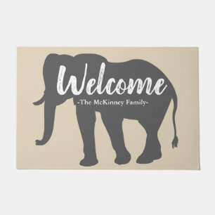 Elegant Grey Elephant Silhouette & Family Name Doormat