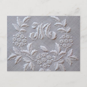 Elegant Grey Embroidery Floral Monogram letter M Postcard