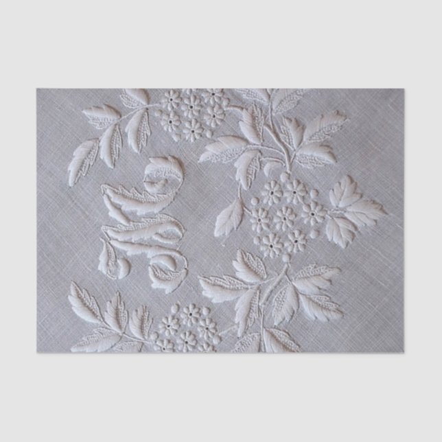 Elegant Grey Embroidery Floral Monogram letter M Tissue Paper (Front)