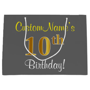 Elegant, Grey, Faux Gold 10th Birthday + Name Large Gift Bag