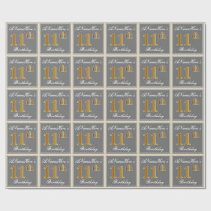 Elegant, Grey, Faux Gold 11th Birthday + Name Wrapping Paper