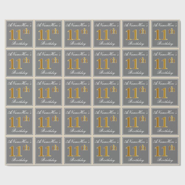 Elegant, Grey, Faux Gold 11th Birthday + Name Wrapping Paper (Flat)