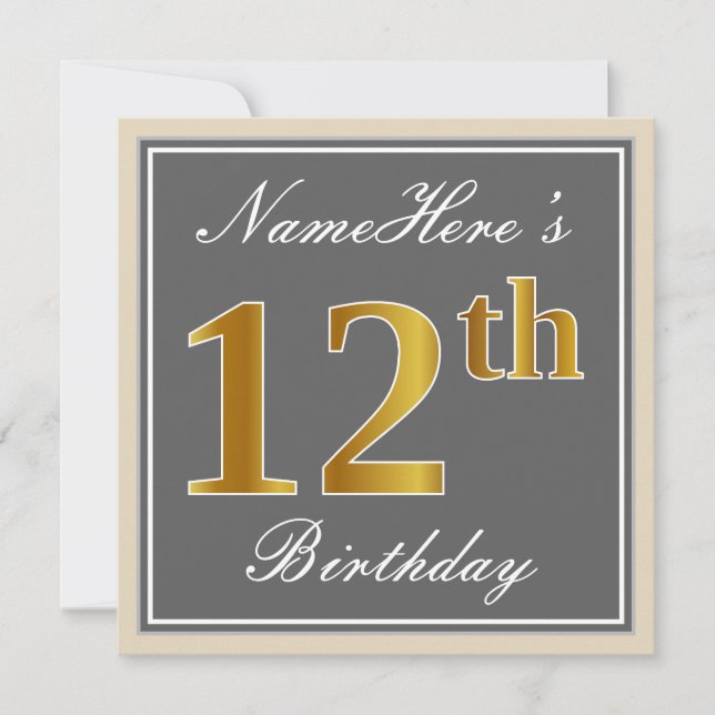 Elegant, Grey, Faux Gold 12th Birthday + Name Invitation (Front)