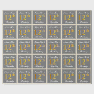 Elegant, Grey, Faux Gold 12th Birthday + Name Wrapping Paper