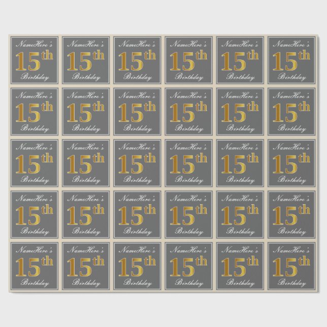 Elegant, Grey, Faux Gold 15th Birthday + Name Wrapping Paper (Flat)