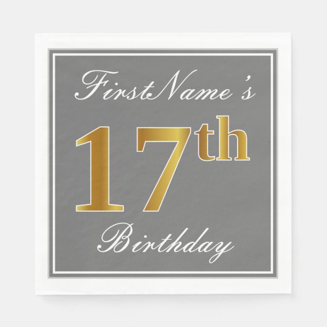 Elegant Grey, Faux Gold 17th Birthday; Custom Name Napkin (Front)