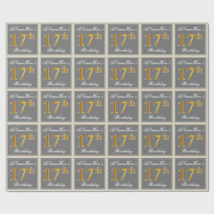 Elegant, Grey, Faux Gold 17th Birthday + Name Wrapping Paper