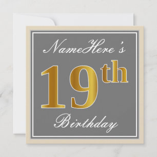 Elegant, Grey, Faux Gold 19th Birthday + Name Invitation