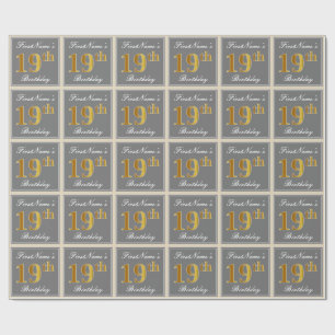 Elegant, Grey, Faux Gold 19th Birthday + Name Wrapping Paper