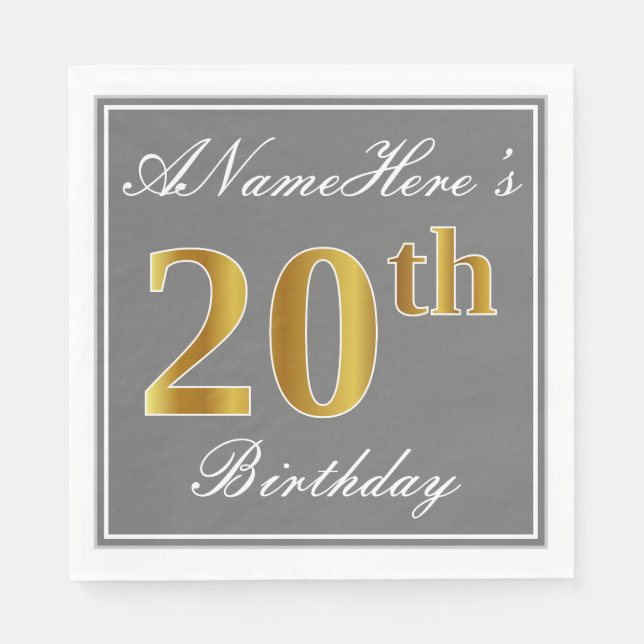 Elegant Grey, Faux Gold 20th Birthday; Custom Name Napkin (Front)