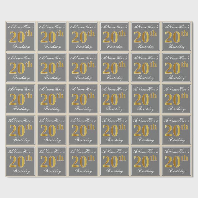 Elegant, Grey, Faux Gold 20th Birthday + Name Wrapping Paper (Flat)