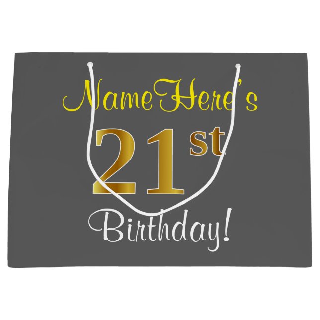 Elegant, Grey, Faux Gold 21st Birthday + Name Large Gift Bag (Front)