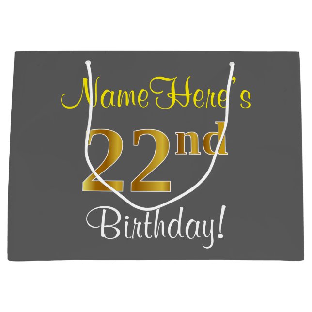 Elegant, Grey, Faux Gold 22nd Birthday + Name Large Gift Bag (Front)