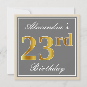 Elegant, Grey, Faux Gold 23rd Birthday + Name Invitation