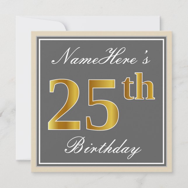 Elegant, Grey, Faux Gold 25th Birthday + Name Invitation (Front)