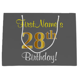 Elegant, Grey, Faux Gold 28th Birthday + Name Large Gift Bag