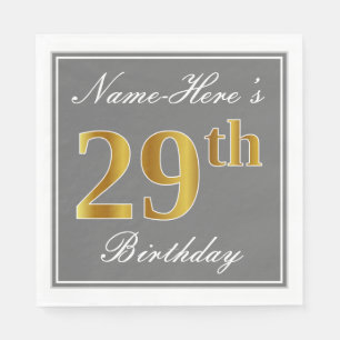 Elegant Grey, Faux Gold 29th Birthday; Custom Name Napkin