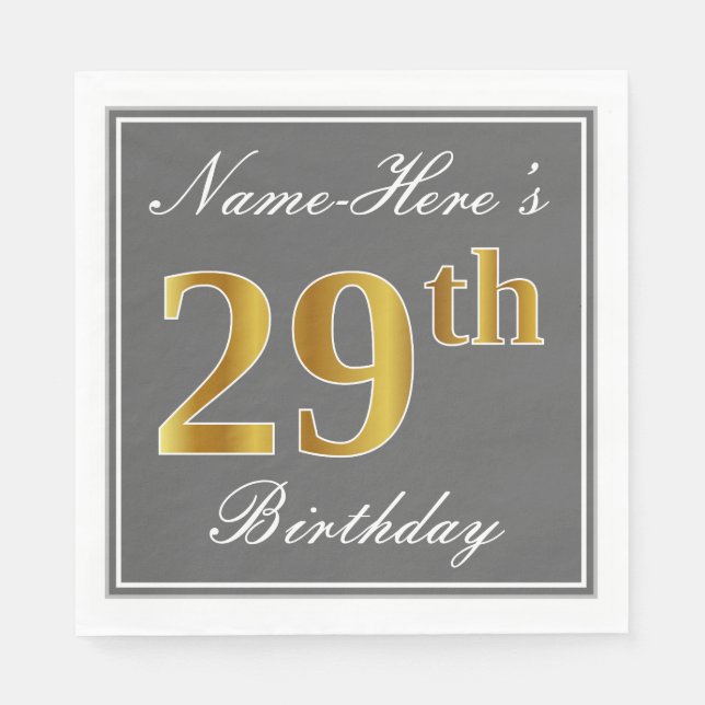 Elegant Grey, Faux Gold 29th Birthday; Custom Name Napkin (Front)