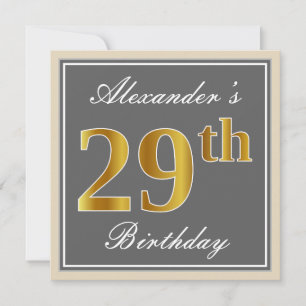 Elegant, Grey, Faux Gold 29th Birthday + Name Invitation