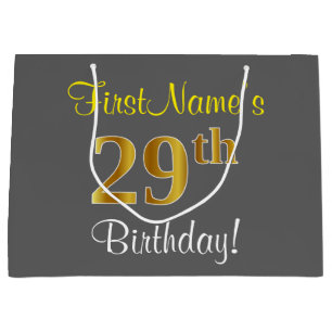 Elegant, Grey, Faux Gold 29th Birthday + Name Large Gift Bag
