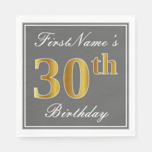 Elegant Grey, Faux Gold 30th Birthday; Custom Name Napkin