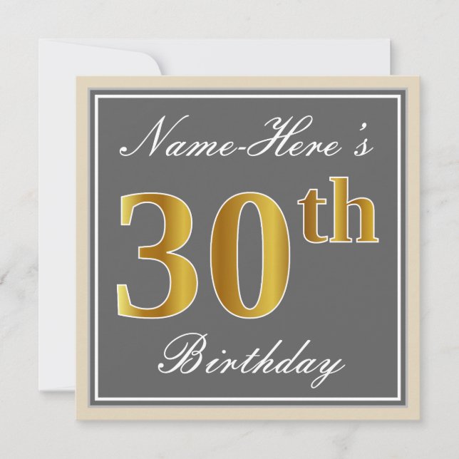 Elegant, Grey, Faux Gold 30th Birthday + Name Invitation (Front)