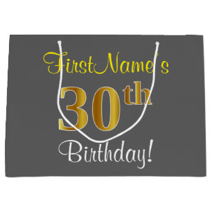 Elegant, Grey, Faux Gold 30th Birthday + Name Large Gift Bag