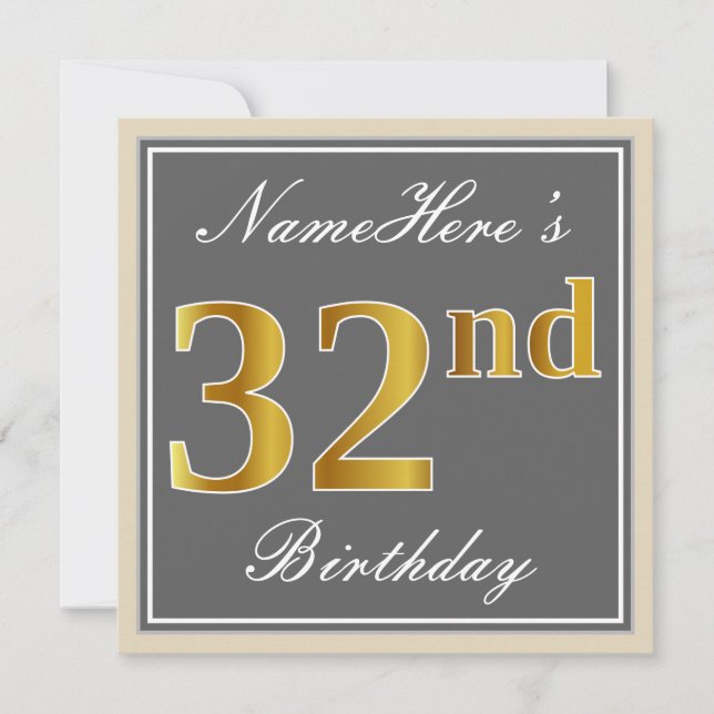 Elegant, Grey, Faux Gold 32nd Birthday + Name Invitation (Front)