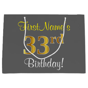 Elegant, Grey, Faux Gold 33rd Birthday + Name Large Gift Bag