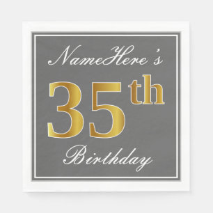 Elegant Grey, Faux Gold 35th Birthday; Custom Name Napkin
