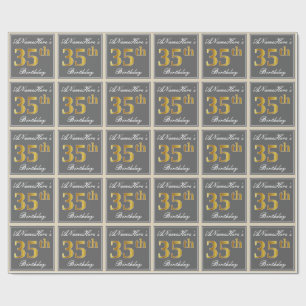 Elegant, Grey, Faux Gold 35th Birthday + Name Wrapping Paper