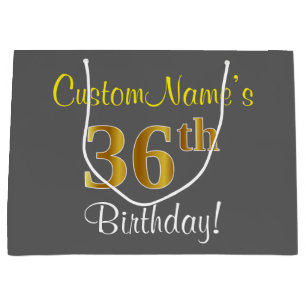 Elegant, Grey, Faux Gold 36th Birthday + Name Large Gift Bag