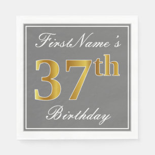 Elegant Grey, Faux Gold 37th Birthday; Custom Name Napkin