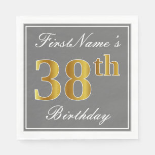 Elegant Grey, Faux Gold 38th Birthday; Custom Name Napkin