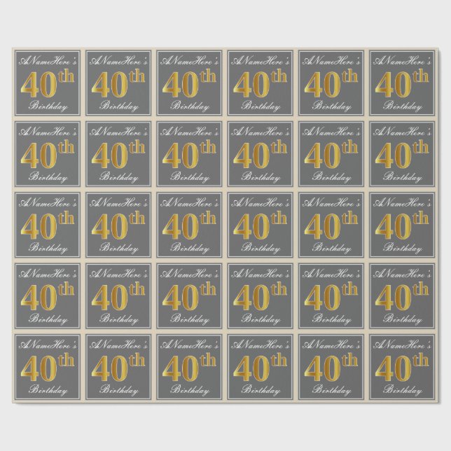 Elegant, Grey, Faux Gold 40th Birthday + Name Wrapping Paper (Flat)