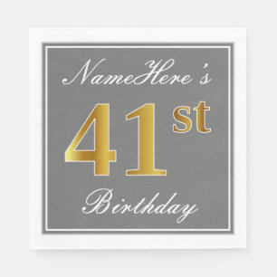 Elegant Grey, Faux Gold 41st Birthday; Custom Name Napkin