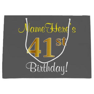 Elegant, Grey, Faux Gold 41st Birthday + Name Large Gift Bag