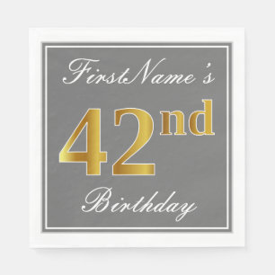 Elegant Grey, Faux Gold 42nd Birthday; Custom Name Napkin