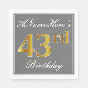Elegant Grey, Faux Gold 43rd Birthday; Custom Name Napkin