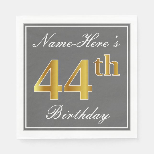 Elegant Grey, Faux Gold 44th Birthday; Custom Name Napkin (Front)